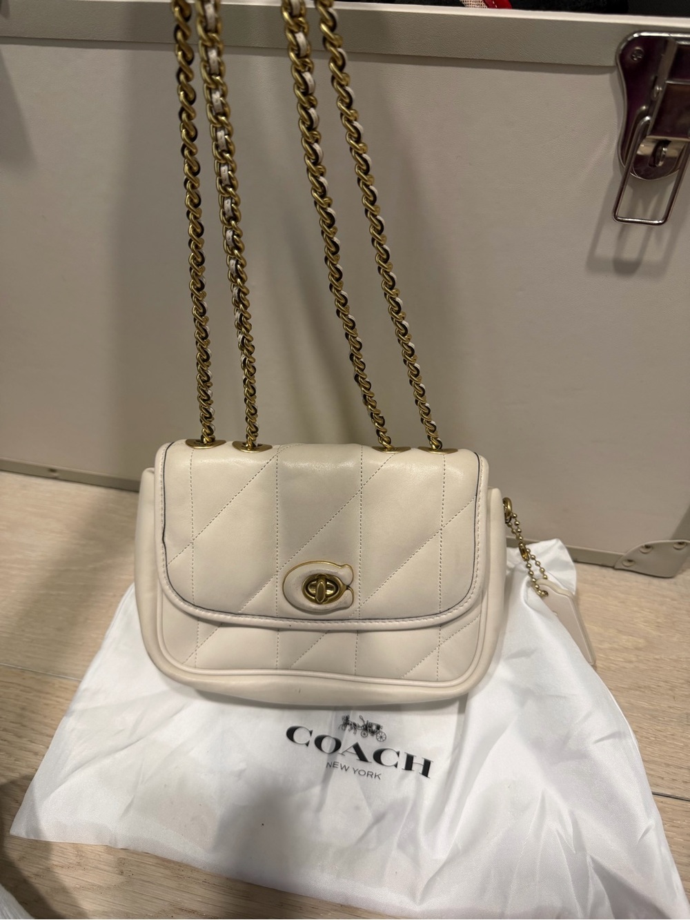 Coach Quilted Cream Leather Shoulder Bag with Gold Chain
